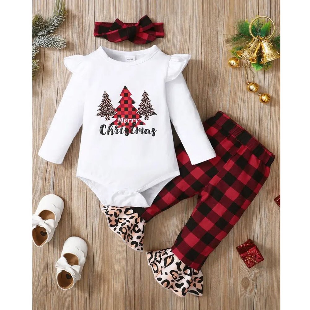 Christmas Tree Long Sleeve Bodysuit & Plaid Flared Pants & Headband Sz 12-18 M🦋